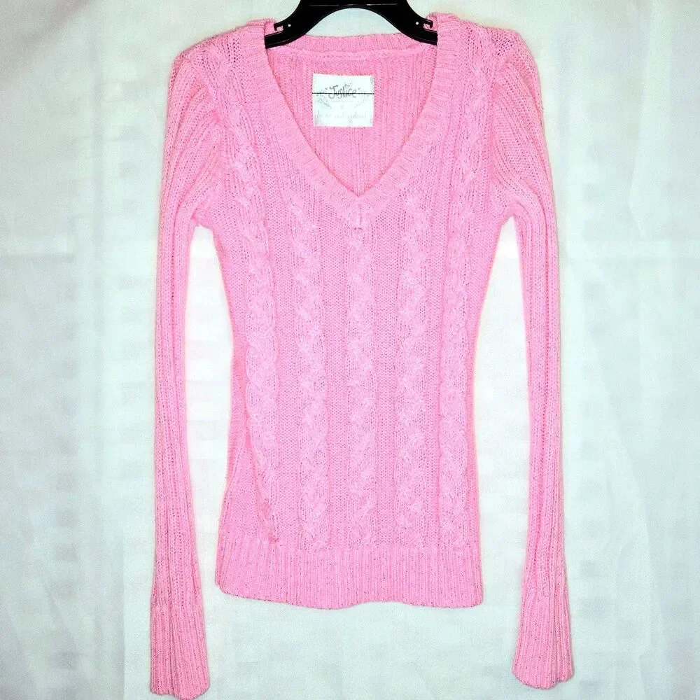 JUSTICE Sweater Long Sleeves Braided Design Pink Soft Stretch Girl Size 8 Small